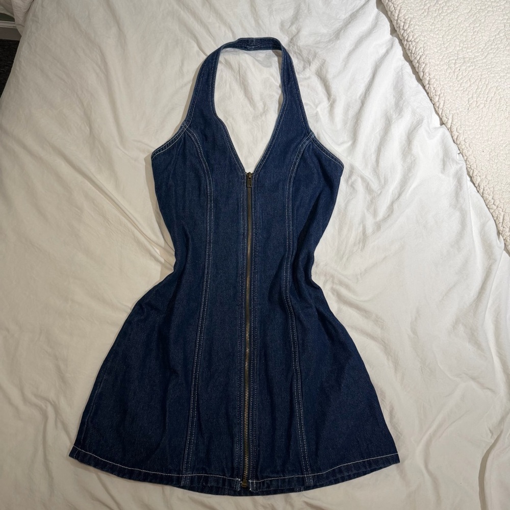 Lioness Halter Denim Zip-Front Mini Dress - Dark Blue